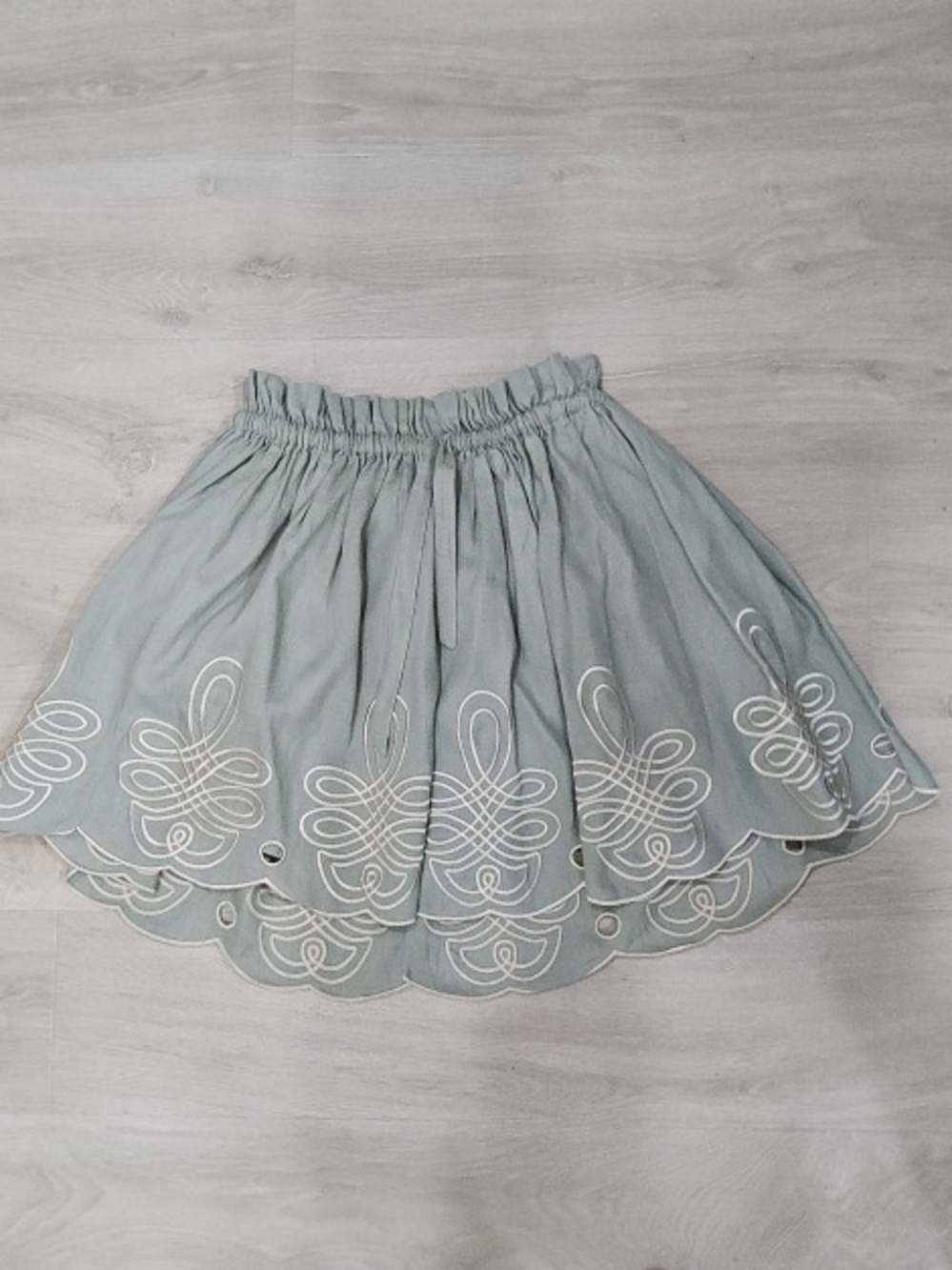 Sage Embroidered Circle Skirt with Scalloped Hem